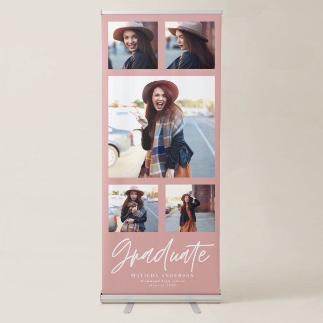 Pink girly multi photo typography graduation  retractable banner (Front)