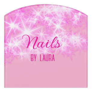 Pink girly pastel glitter nails add name website q door sign