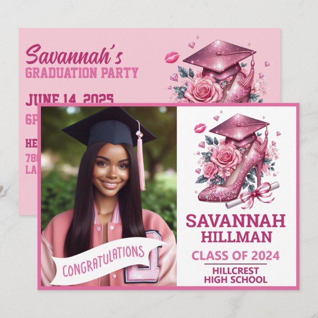 Pink Girly Photo Custom Luxury Graduation Invitation (Front/Back)