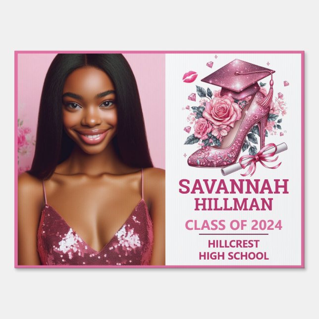 Pink Girly Photo Custom Luxury Graduation  Sign (Front)
