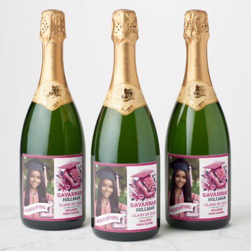 Pink Girly Photo Graduation Congratulations   Sparkling Wine Label