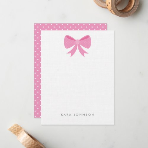 Pink Girly Polka Dot Bow Monogram Stationery Note Card