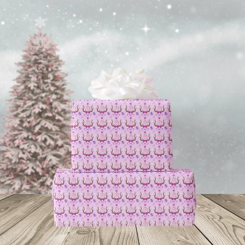 Pink Girly Reindeer Pattern Cute Mix Wrapping Paper