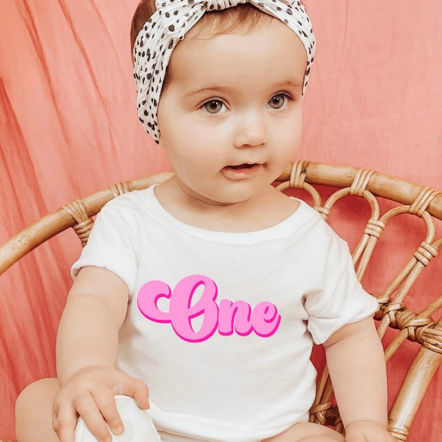 Pink Girly Retro 70's ONE 1st Birthday Baby T-Shirt (Creator Uploaded)