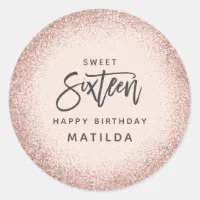 Pink girly rose gold glitter 16th birthday classic round sticker