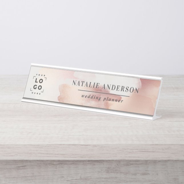 Pink girly rose gold modern stylish business card desk name plate (Front)