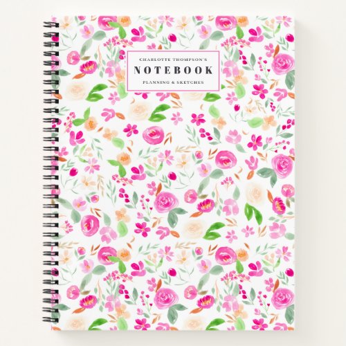 Pink girly roses chic blush floral watercolor name notebook