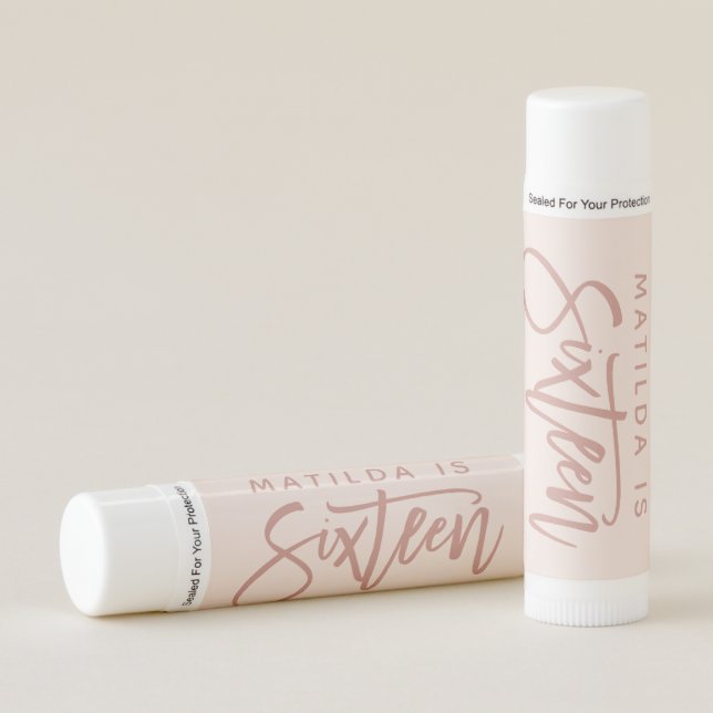 Pink girly script modern typography 16th lip balm (Front)
