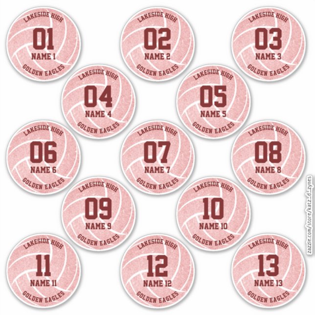 pink girly set of 13 volleyball party sticker (Front)