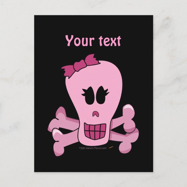 Pink Girly Skull with Bow Halloween or Pirate Postcard (Front)