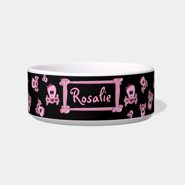 Pink Girly Skull with Bow Personalized Pet Bowl (Front)