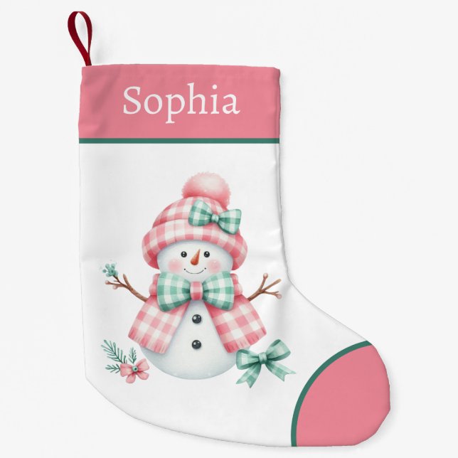 Pink Girly Snowman Christmas Stocking (Front)