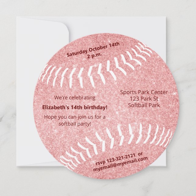 Pink girly softball sports themed party announcement (Front)