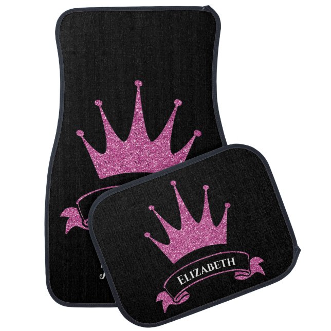 Pink Girly Sparkle Queen Elegant Monogrammed Car Floor Mat (Set)