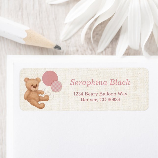 Pink Girly Teddy Bear Balloons Label (Insitu)