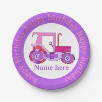 Pink Girly Tractor Happy Birthday Paper Plates