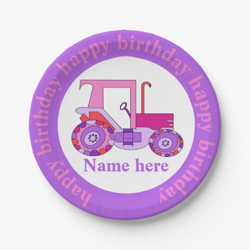 Pink Girly Tractor Happy Birthday Paper Plates