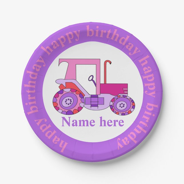 Pink Girly Tractor Happy Birthday Paper Plates (Front)