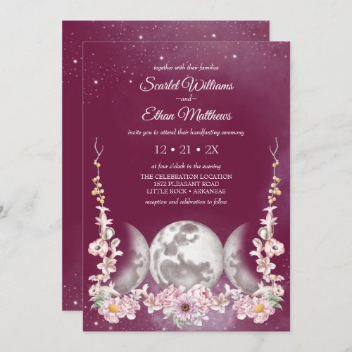 Pink Girly Triple Moon Floral Starry Handfasting Invitation