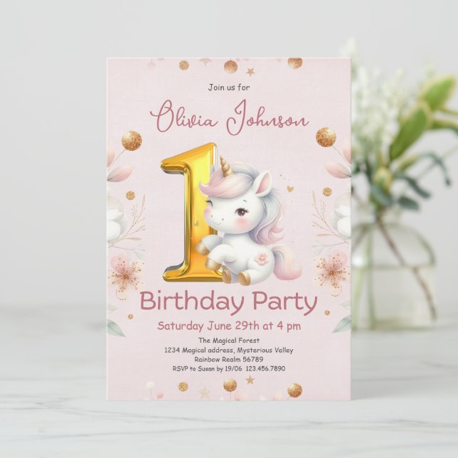 Pink Girly Unicorn 1st Birthday  Invitation (Standing Front)