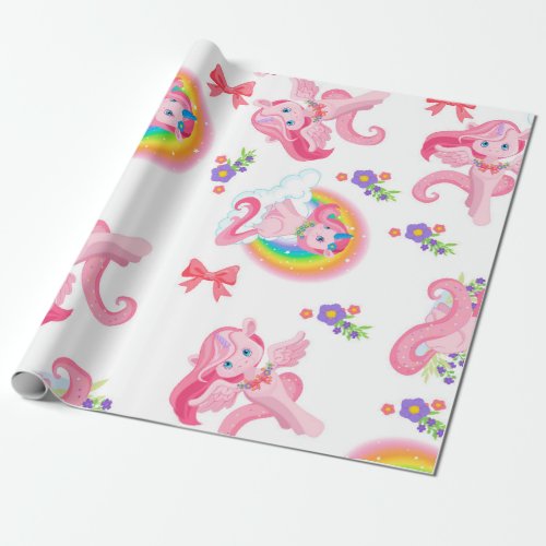 Pink Girly Unicorn Rainbow Pattern Wrapping Paper