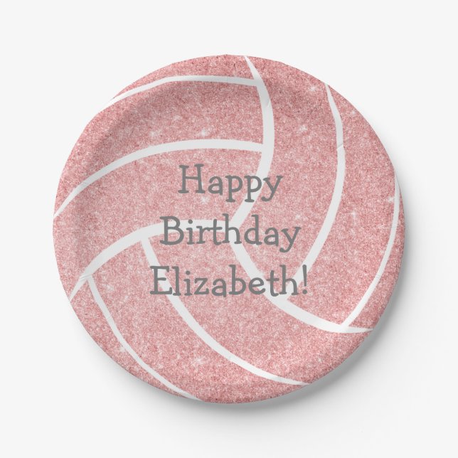 pink girly volleyball birthday party paper plates (Front)