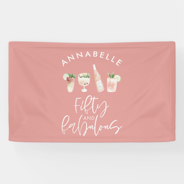 Pink girly watercolor 50 and fabulous birthday banner (Horizontal)