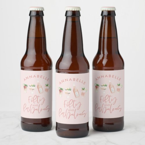 Pink girly watercolor 50 and fabulous birthday beer bottle label