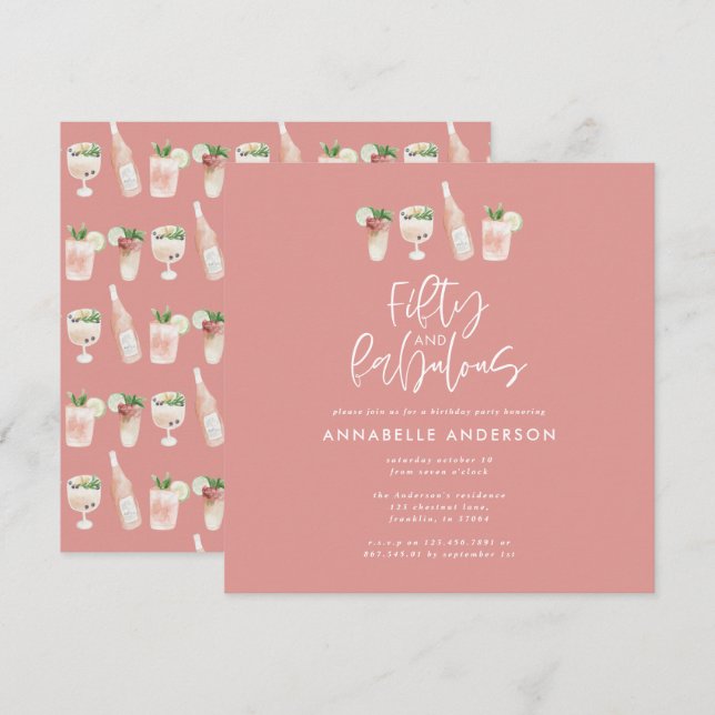 Pink girly watercolor 50 and fabulous birthday inv invitation (Front/Back)