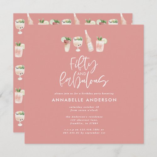 Pink girly watercolor 50 and fabulous birthday inv invitation