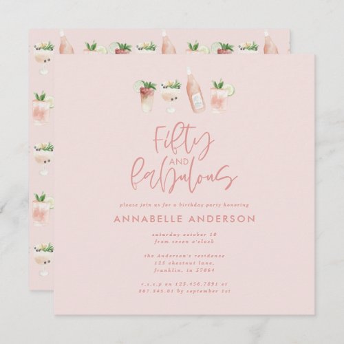 Pink girly watercolor 50 and fabulous birthday invitation