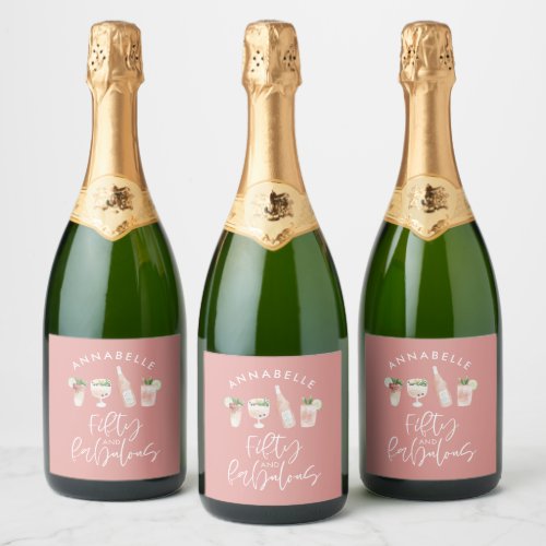 Pink girly watercolor 50 and fabulous birthday sparkling wine label