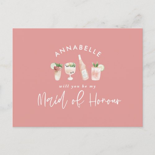 Pink girly watercolor cocktail maid of honour chic invitation postcard