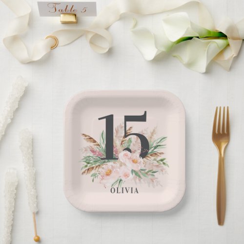 Pink girly watercolor floral age elegant birthday paper plates