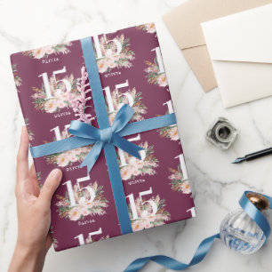 Pink girly watercolor floral age elegant birthday wrapping paper