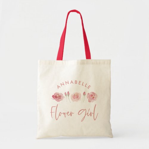 Pink girly watercolor floral chic flower girl tote bag