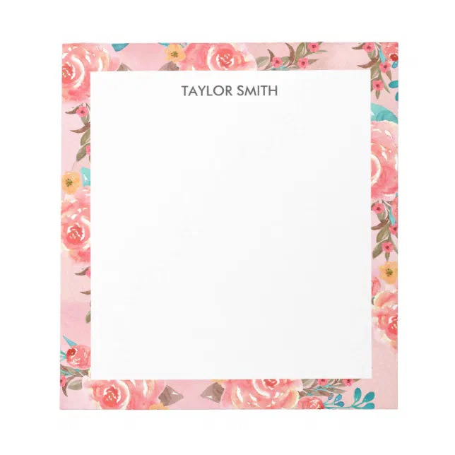 Pink Girly Watercolor Floral Pattern Personalized Notepad | Zazzle