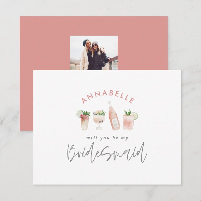 Pink girly watercolor painted drinks bridesmaid invitation (Front/Back)