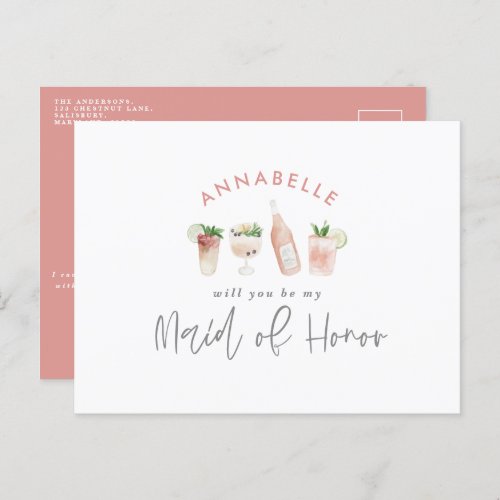 Pink girly watercolor painted drinks maid of honor invitation postcard