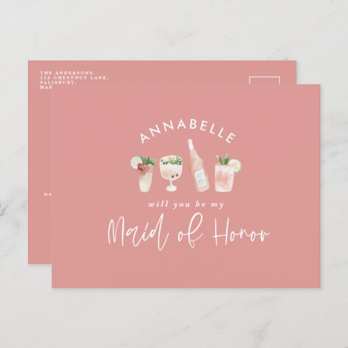Pink girly watercolor painted drinks maid of honor invitation postcard