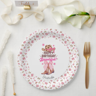Pink Girly Western Cowgirl Happy Birthday Custom Paper Plates