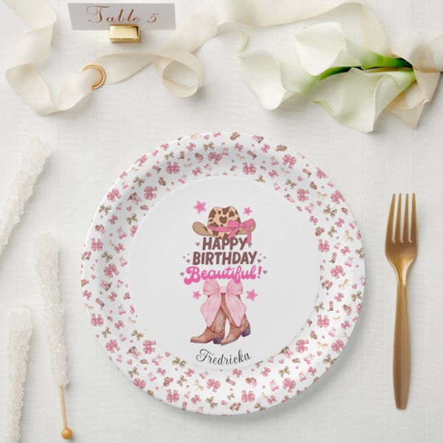 Pink Girly Western Cowgirl Happy Birthday Custom Paper Plates (Wedding)