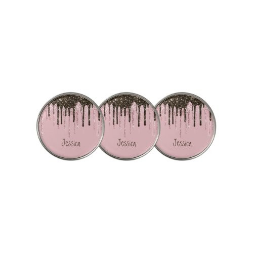 Pink Girly Womens Black Script Glitter Name Golf Ball Marker