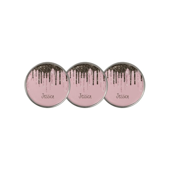 Pink Girly Womens Black Script Glitter Name Golf Ball Marker (3 Up)