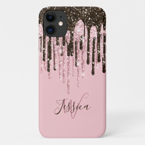 Pink Girly Womens Bling Black Script Name iPhone 11 Case