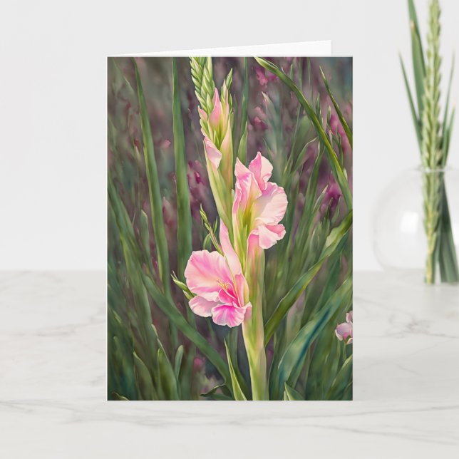 Pink Gladiolus Flower Garden Art Note Card (Front)