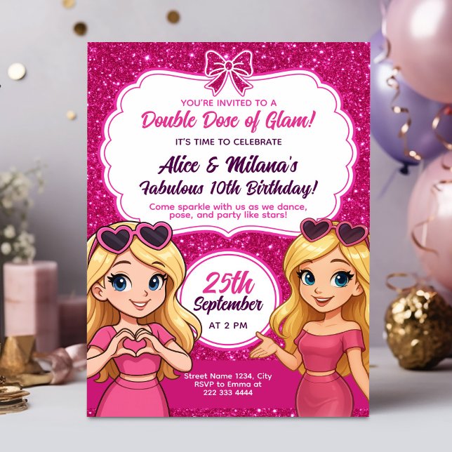Pink Glam Birthday Invite for Twin Girls Sparkle (Creator Uploaded)