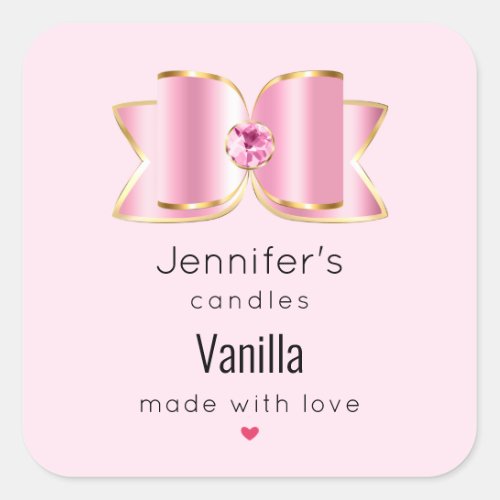 Pink Glam Bow with a Center Gem Candle Business Square Sticker