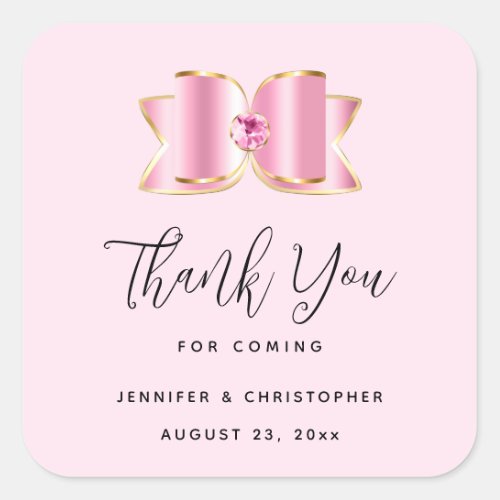 Pink Glam Bow with a Center Gem Wedding Thank You Square Sticker