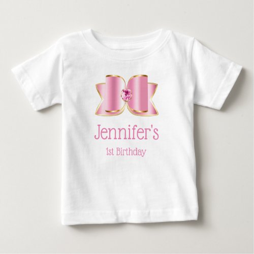 Pink Glam Bow with a Center Gemstone 1st Birthday Baby T_Shirt